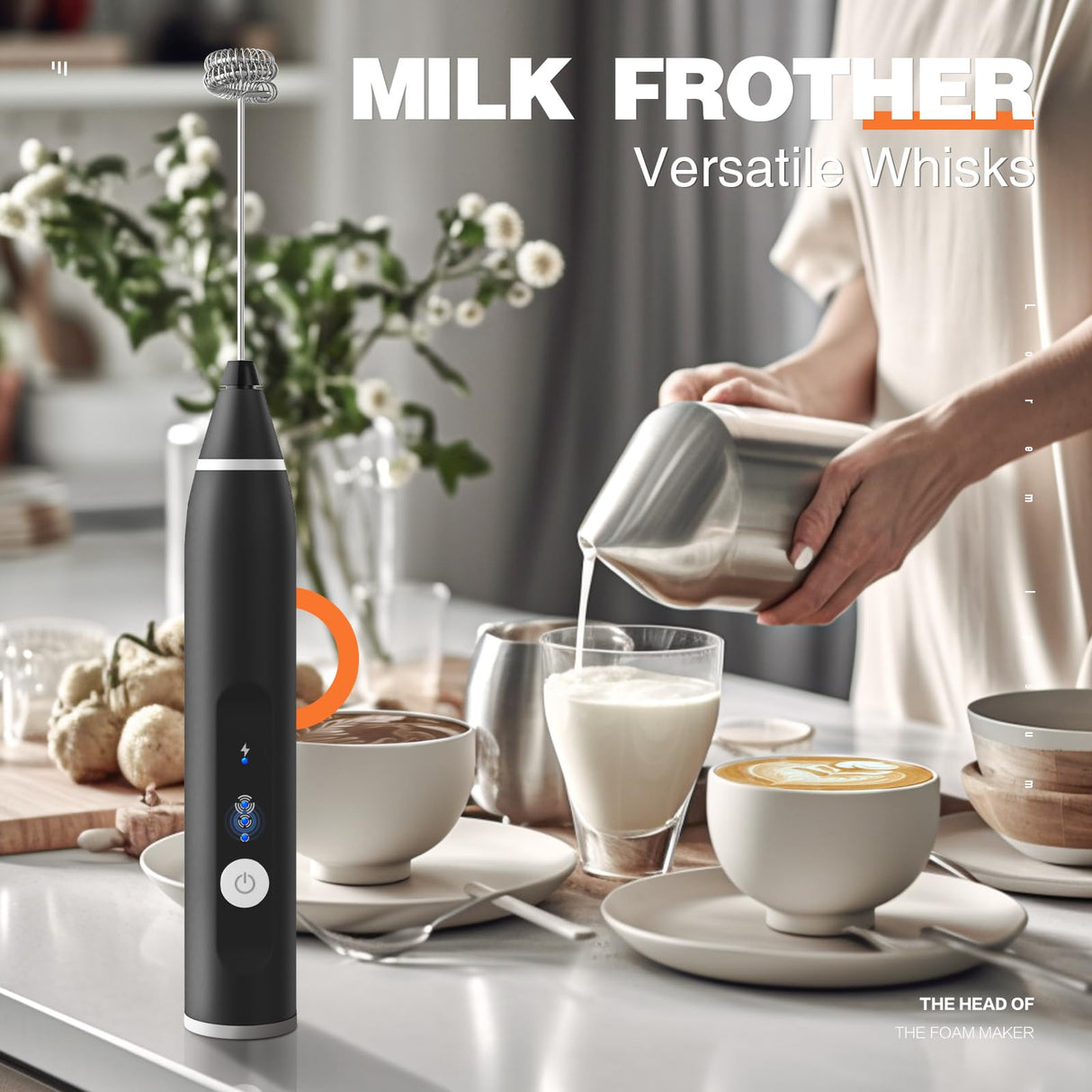 Milk Frother Rechargeable Handheld Electric Whisk Coffee Frother Mixer with 2 Stainless whisks 3 Speed Adjustable Foam Maker Blender for Coffee Matcha Latte Cappuccino Hot Chocolate(Black) Laposso