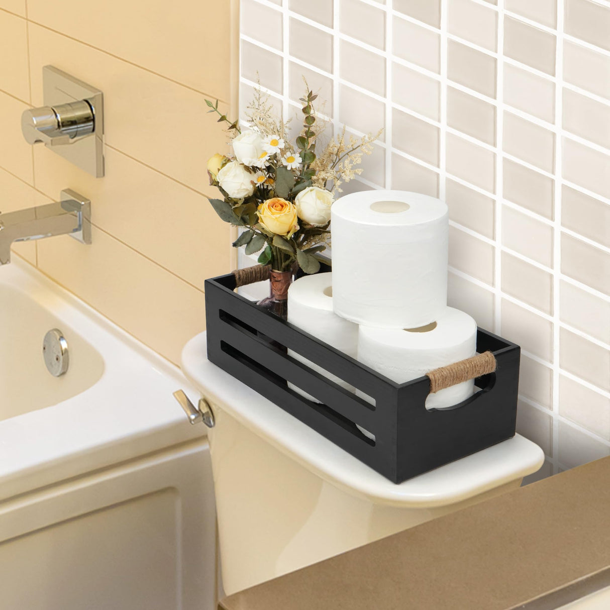 LotFancy Bathroom Decor Box, 2 Pack Toilet Tank Topper Basket, Wooden Bathroom Basket, Back of Toilet Storage Basket, Black Farmhouse Toilet Paper Holder LotFancy