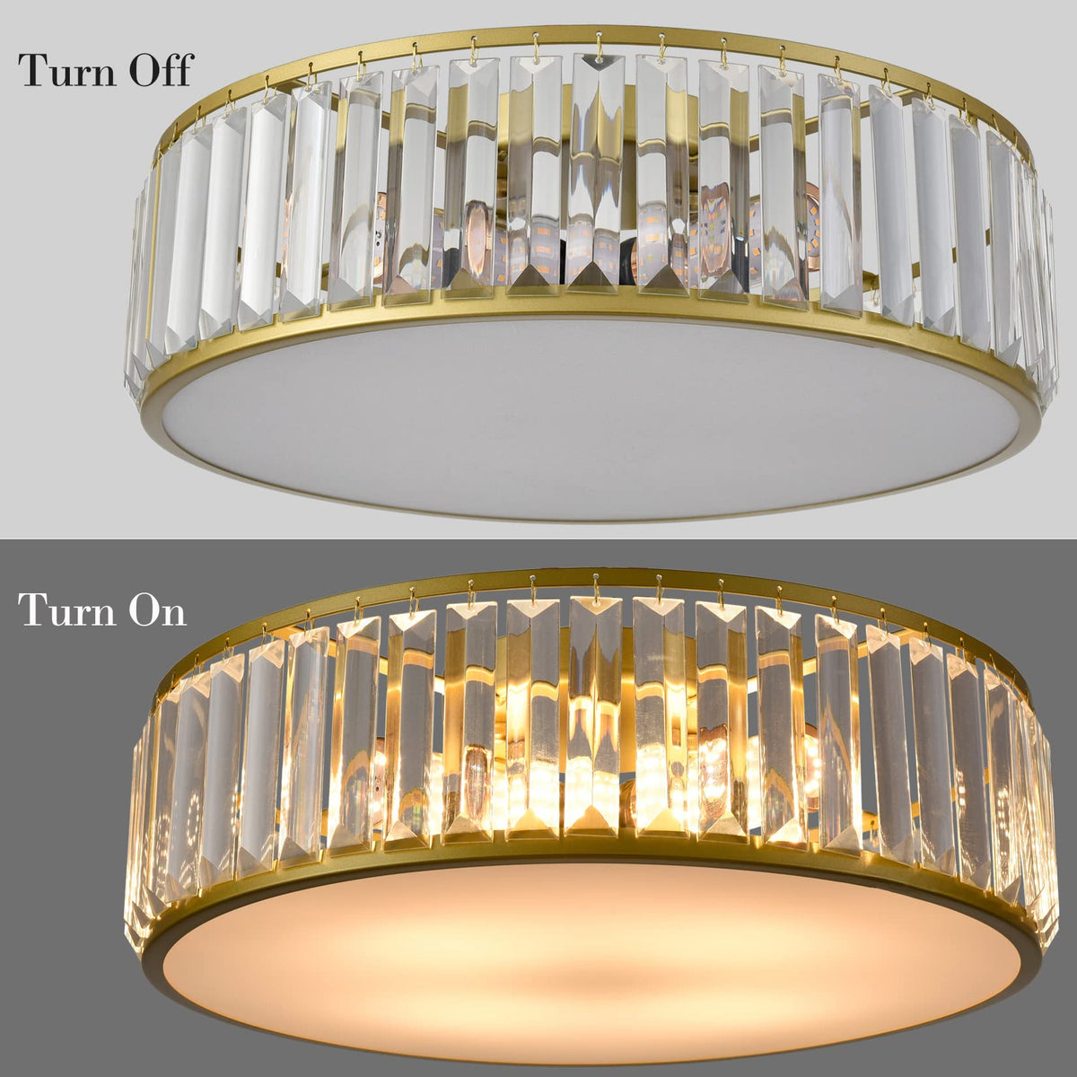 TEENYO Gold Flush Mount Ceiling Light Crystal Ceiling Light Fixtures Modern 4-Light Drum Shade Flush Mount Crystal Ceiling Lighting for Living Room Bedroom, 16-Inch TEENYO