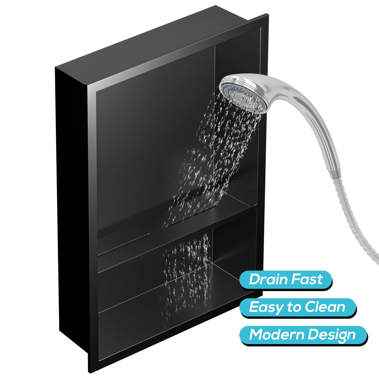 Qeke Stainless Steel Shower Niche 18" X 12", No Tile Needed Wall Niche Double Shelves, Recessed Shower Shelf for Bathroom Storage, Matte Black Qeke