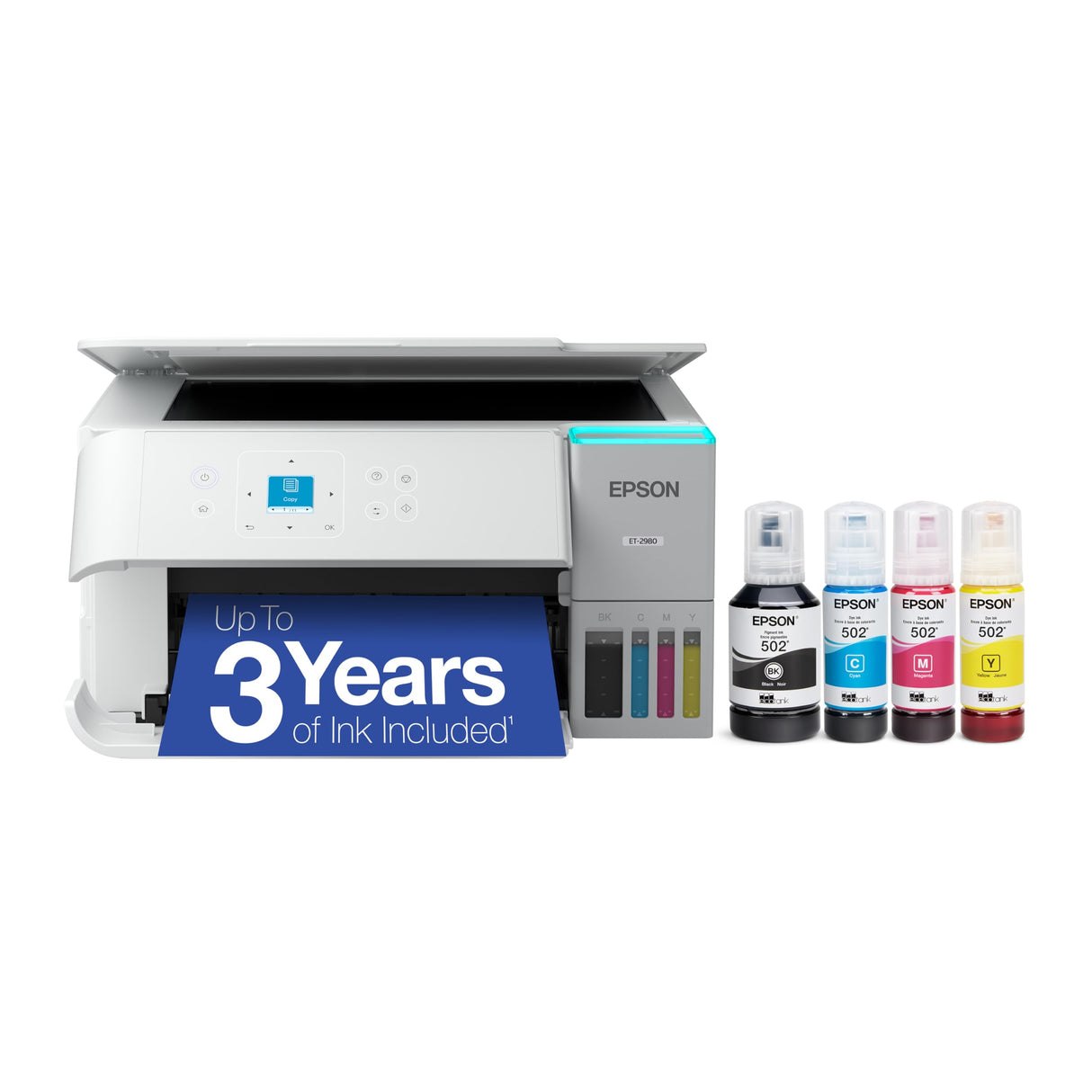 Epson EcoTank ET-2980 Wireless All-in-One Color Supertank Printer with up to 3 Years of Ink, Refillable Tanks, Perfect for Home, 15 PPM, 1.44" Color Screen, Auto 2-Sided Printing - White Epson