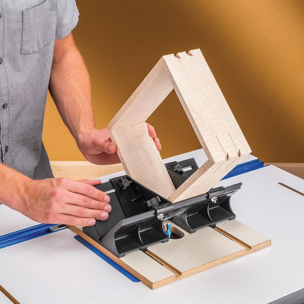 Router Table Spline Jig – Router Jigs and Templates for Small Boxes, Frames – Router Sled Holds Workpiece at 450 Angle - MDF Base w/ABS Sled Box Joint Jig - Fits Standard 3/8'' x 3/4'' Miter Slot ROCKLER