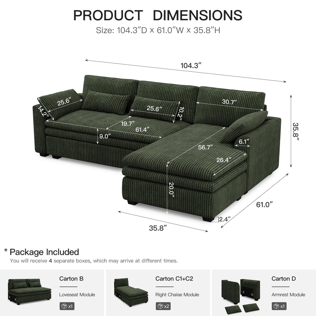 Belffin Large Modular Sectional Sofa with Deep Chaise, 104" Corduroy L Shaped Couch with 9" Soft Dual-Layer Seats Cushion for Living Room, Apartment, Green Belffin