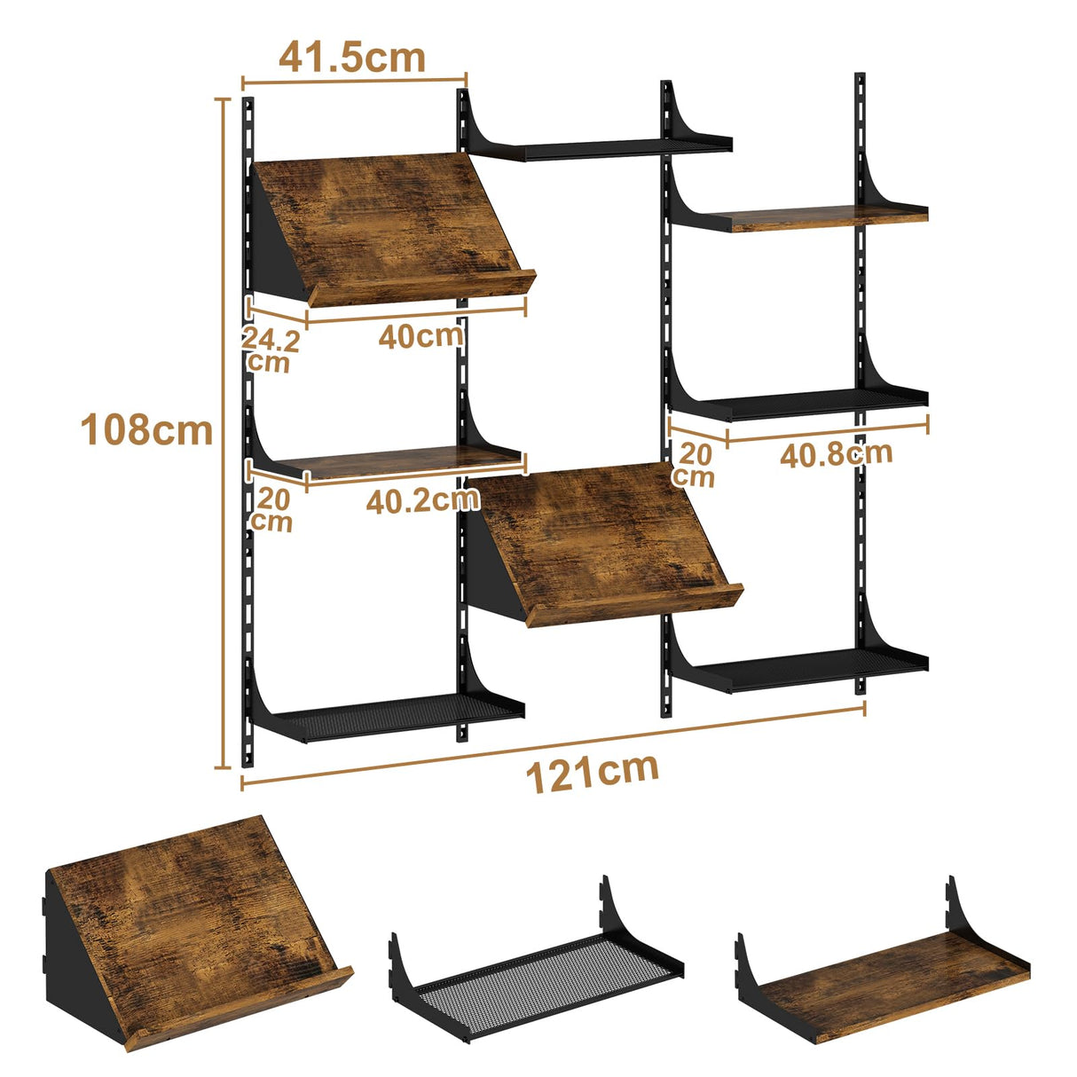 GILLAS Wall Mounted Floating Shelves, 8 Tier Wall Mounted Storage Shelves, Industrial Rustic Bookshelf with Adjustable Metal Brackets, Display Rack for Living Room, Bedroom, Kitchen, Home Office GILLAS