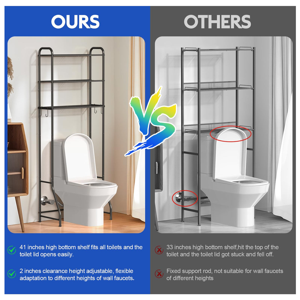 samstar 3 Tier Over The Toilet Storage Rack, Bathroom Organizer Shelves Cabinet Above Toilet, Freestanding Shelf Space Saver, Black samstar