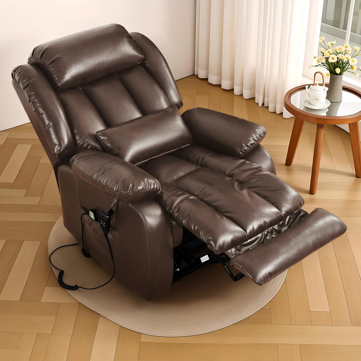 Infinite Position Lay Flat Lift Recliner Chair for Adults, Dual Motor Power Lift Chair for Elderly with Massage & Heating, Extended Footrest, USB Ports, Remote Control & Lumbar Pillow, Leather (Brown) RESTREAL
