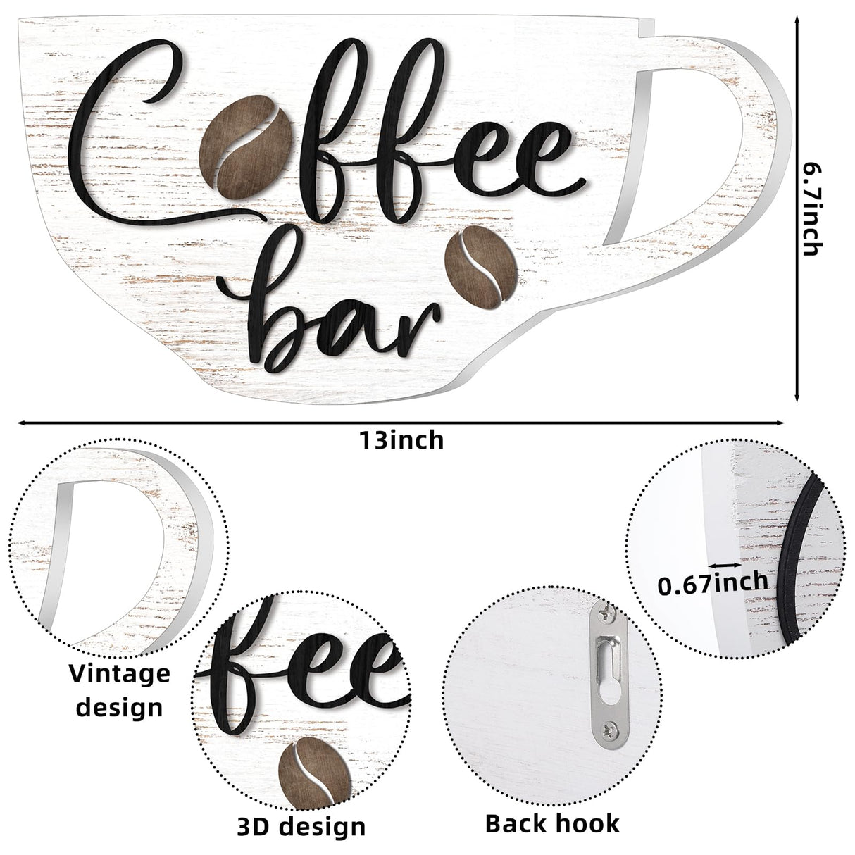 Kigley Coffee Bar Sign 13 x 6.7 Inch Rustic Wood Coffee Sign Farmhouse Coffee Bar Wall Decor Coffee Wall Sign Boho Kitchen Decor Art Accessories for Home, Kitchen, Coffee Station (White) Kigley