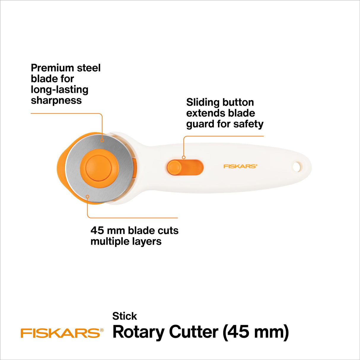 Fiskars 45mm Rotary Cutter for Fabric, Premium Steel Stick Fabric Cutter Cuts Through Multiple Layers, Right and Left Handed, Easy and Safe Blade Change, Arts and Crafts, Sewing and Quilting Tools Fiskars