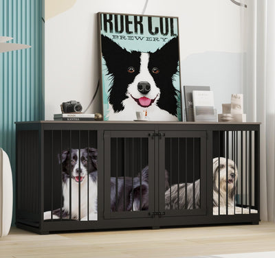 Timechee Dog Cage Furniture, 70" Furniture Dog Crate, Modern Furniture Style Dog Crate with Divider and 2 Trays, Multi-Functional Dog House for Medium Dog, Indoor Double Crate for 2 Dogs, Black