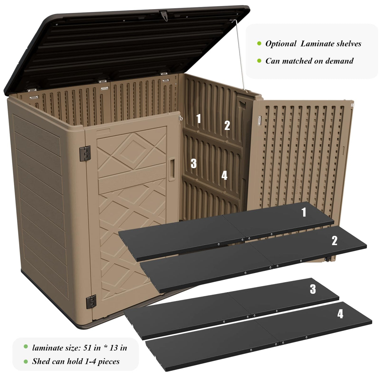 ZZM Large Outdoor Storage Shed, 48 Cu Ft Resin Versatile Storage Cabinet for Patio Accessories, Trash Cans & Garden Tools, Durable Horizontal Storage Box with Lockable Lid (Coffee) ZZM
