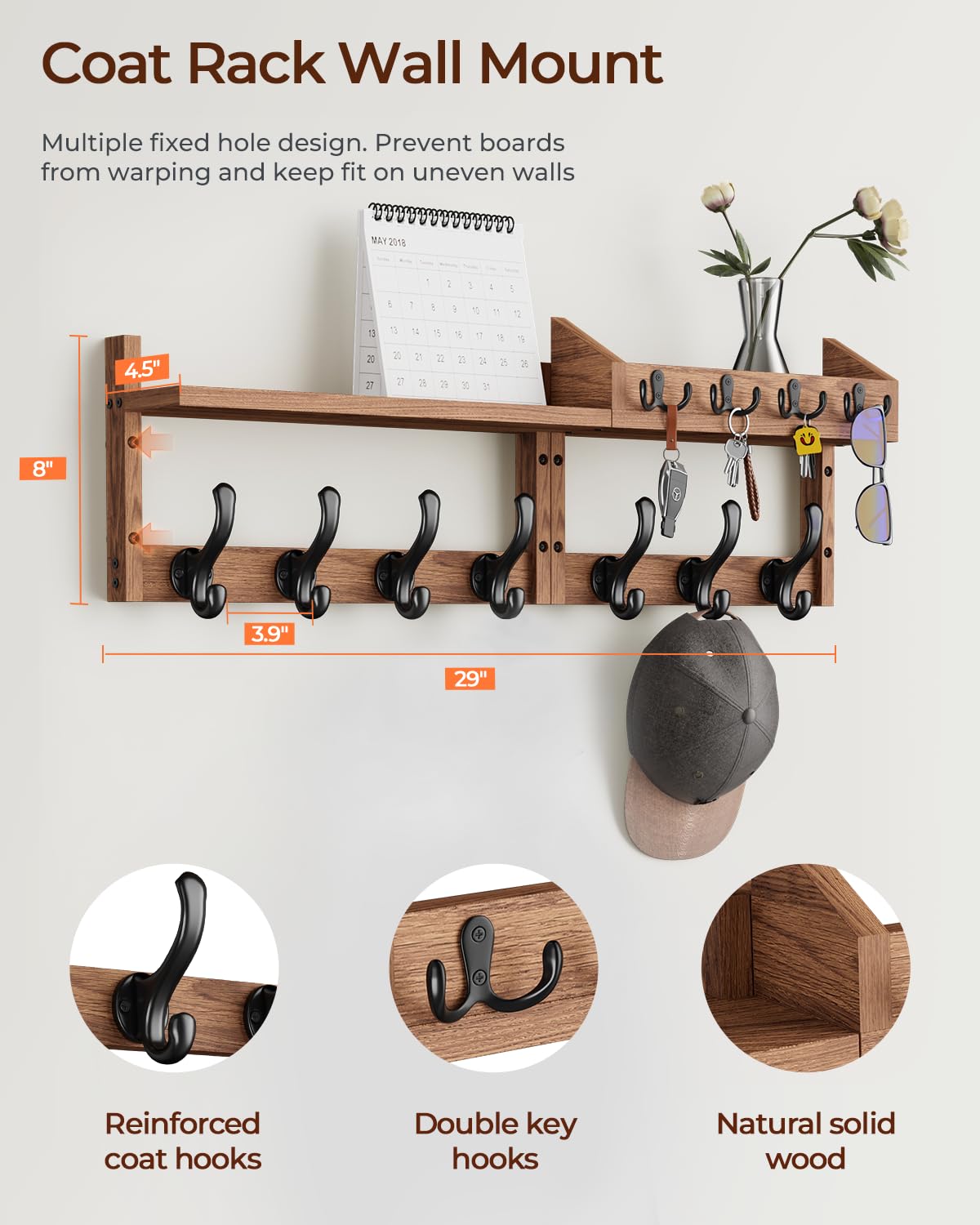 Tatub 29" Coat Rack Wall Mount with Shelf, 4 in 1 Entryway Key Holder with 7 Coat Hooks 4 Key Hangers Mail Organizer, Wood Wall Shelf for Living Room, Bedroom, Bathroom Tatub