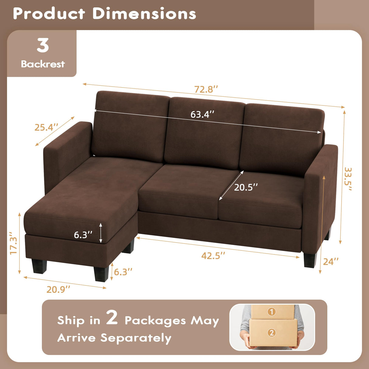 VICTONE Sectional Sofa Couch, 3 seat L-Shaped Small Sofa with Movable Ottoman Couch for Small Apartments, Living Rooms and Offices (Linen Fabric, Light Brown) VICTONE