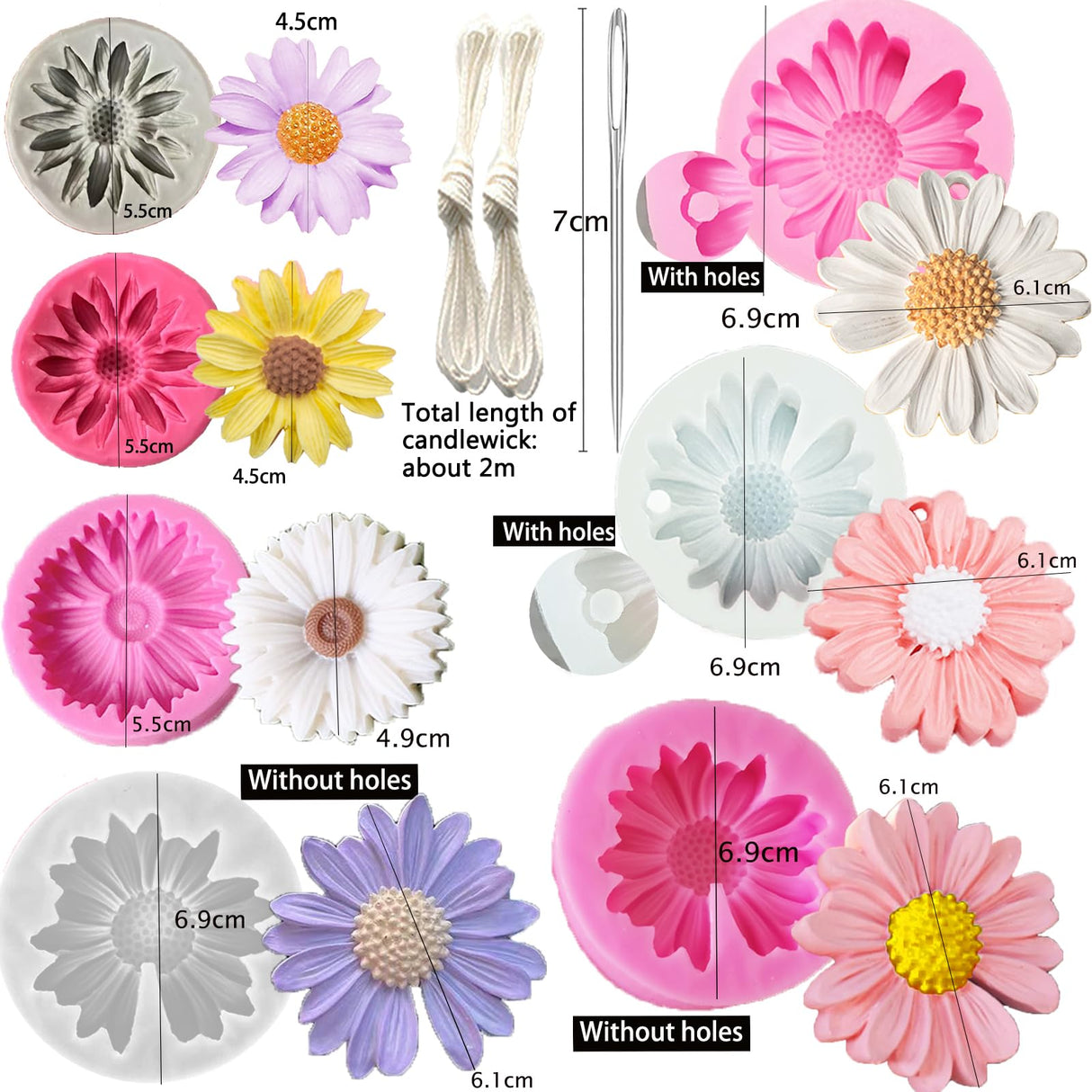 10PCS Daisy Flower Silicone Mold Chrysanthemum Flower Silicone Mold with Large-Eye Wicking Needle,Candlewick Resin Candle Molds DIY Soap Concrete Casting Polymer Clay Cupcake Topper Candy Craft TYMKLMZG