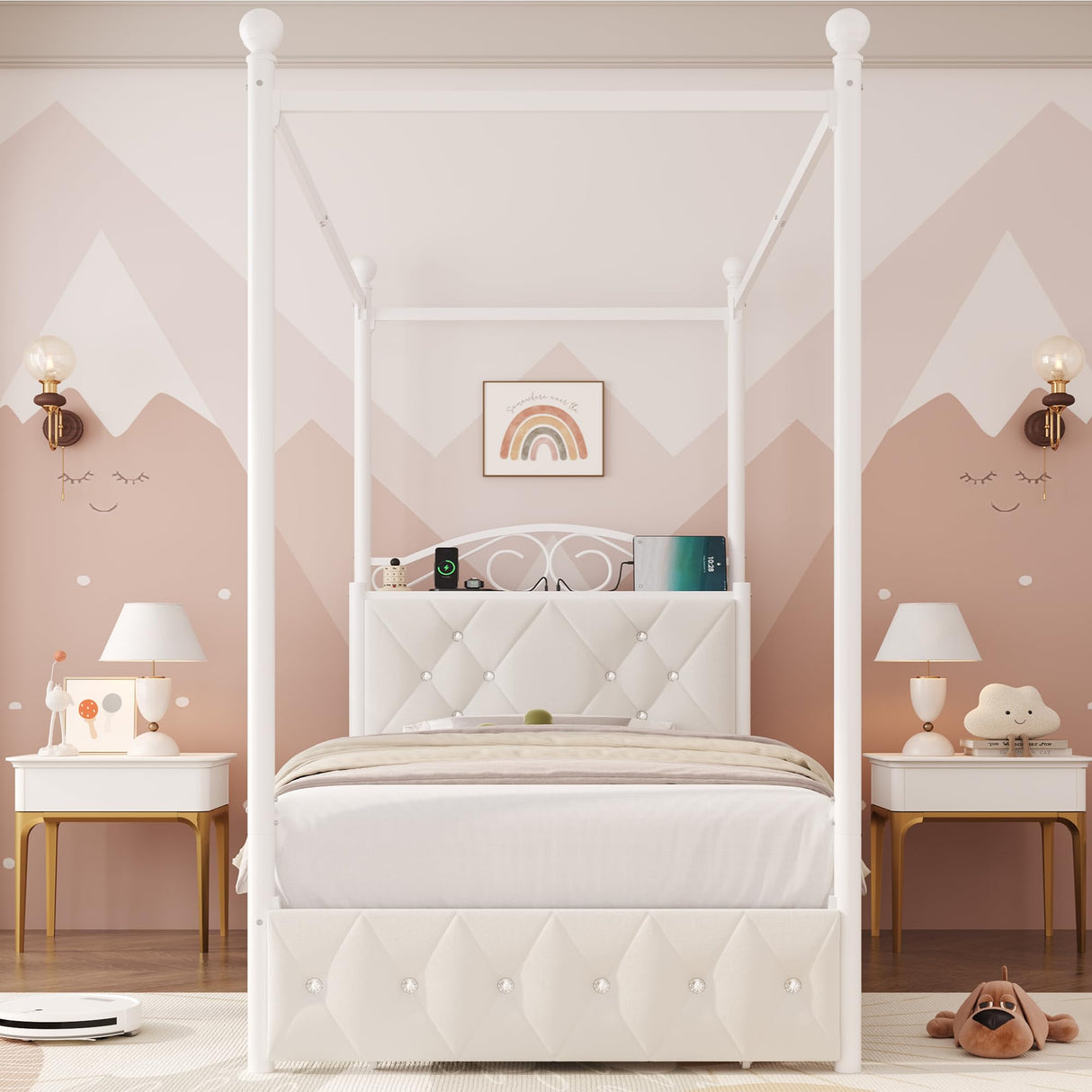 Keyluv Twin Upholstered Canopy Bed Frame with Drawer & Crystal Tufted Storage Headboard Metal Platform Bed with Charging Station & 4 Removable Posts No Box Spring Needed Curtain Not Included, Beige Keyluv