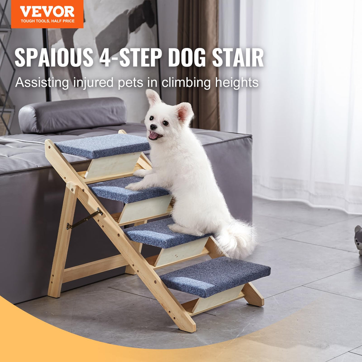 VEVOR Wood Pet Stairs/Pet Steps, 2-in-1 Foldable Wooden Dog Stair for Beds, Sofa and Cars, Dog Stairs & Ramp with 4 Steps for Small Medium Large Pet, up to 150 lbs VEVOR