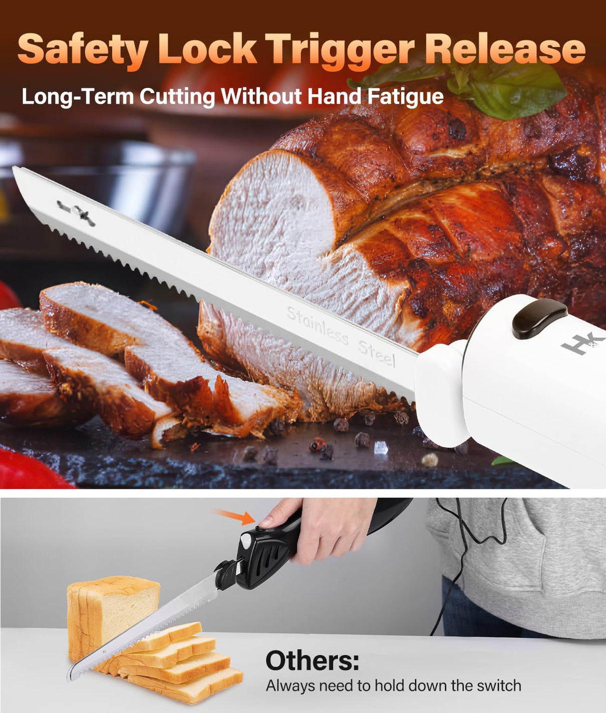 HK Cordless Electric Knife for Carving Meats, Poultry, Bread, Crafting Foam & More, Included Dual 304 Stainless Steel Blades, Fork, Foldable Cutting Board HK