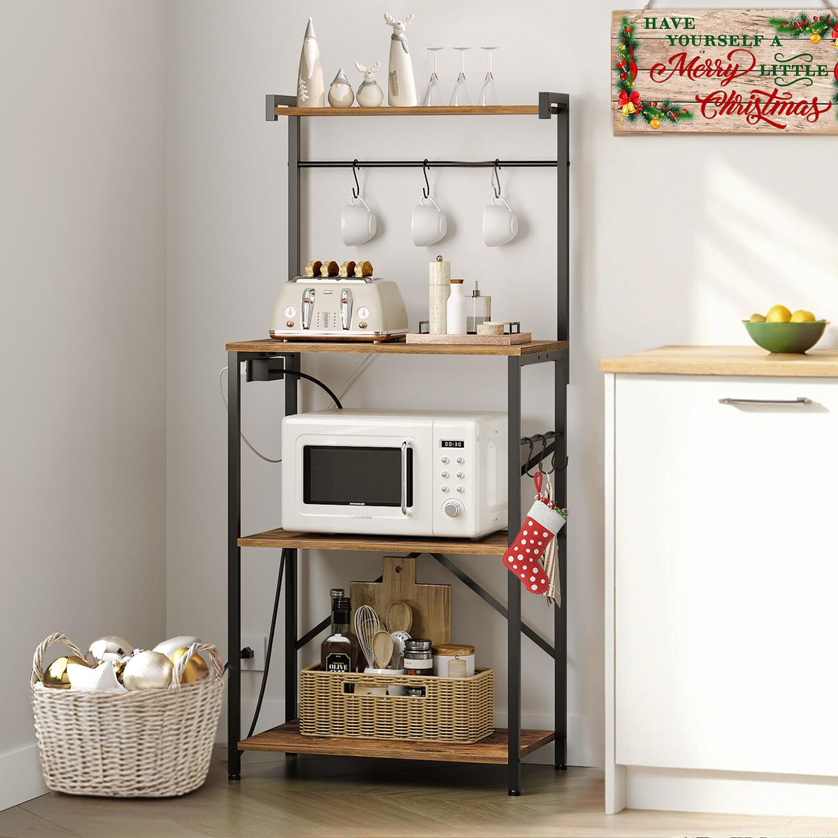YATINEY Bakers Rack with Power Outlets, 4 Tier Microwave Stand, Coffee Bar Station with 6 S-Shaped Hooks, X-Shaped Back Support, for Kitchen, Dining Room, Living Room, Rustic Brown and Black HB21BR YATINEY