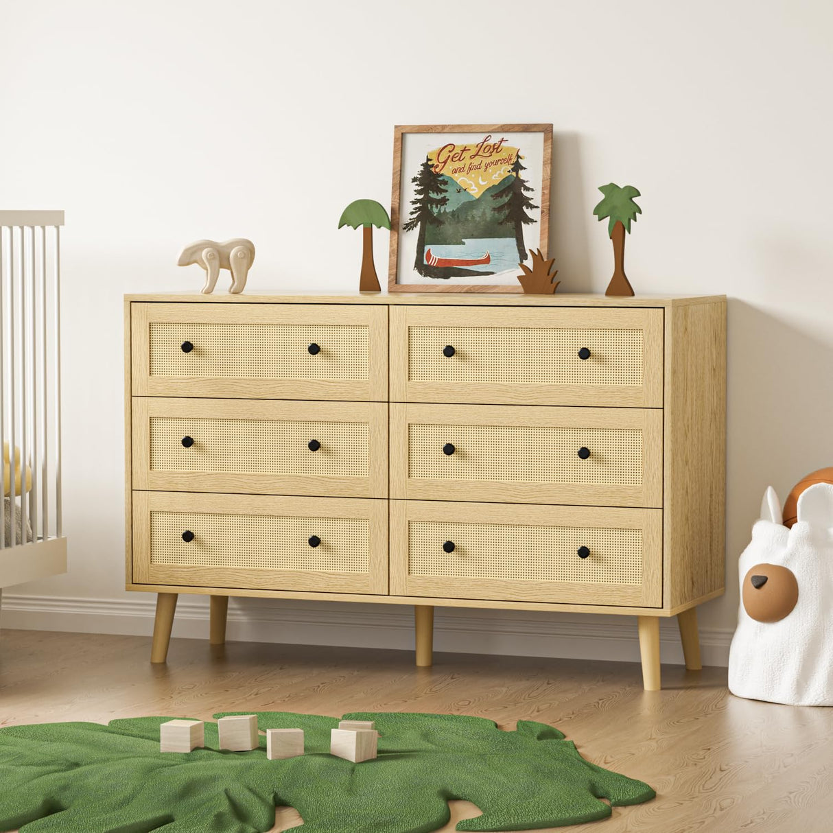 Wananlanen Rattan Dresser for Bedroom, Boho 6 Drawer Dressers & Chest of Drawers with Storage and Metal Handle, Modern Natural Wood Storage Dresser for Living Room, Hallway, Entryway Wananlanen