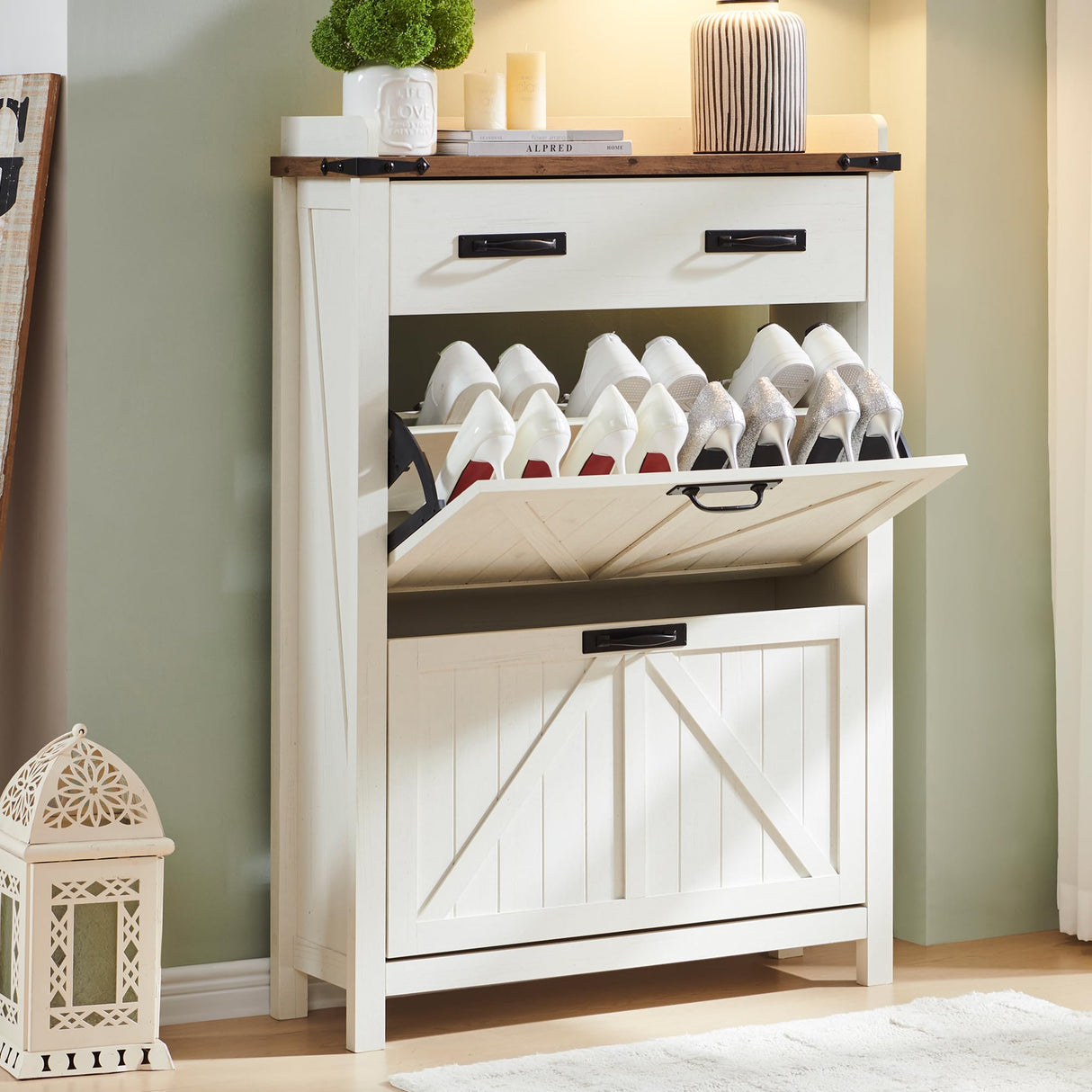 OKD Shoe Storage Cabinet with 2 Flip Drawers, Farmhouse Entryway Shoe Organizer with Drawer, Freestanding Rustic Hidden Shoe Rack Cabinet for Entryway, Antique White OKD