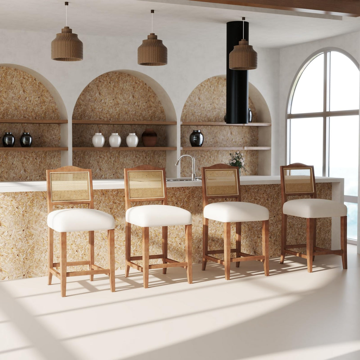 CIMOTA Counter Height Bar Stools Set of 4 Rattan Farmhouse Barstools Mid Century Modern Bar Chairs Upholstered Kitchen Stools with Wood Legs for Island/Dining Room, Linen Beige 26.5In CIMOTA