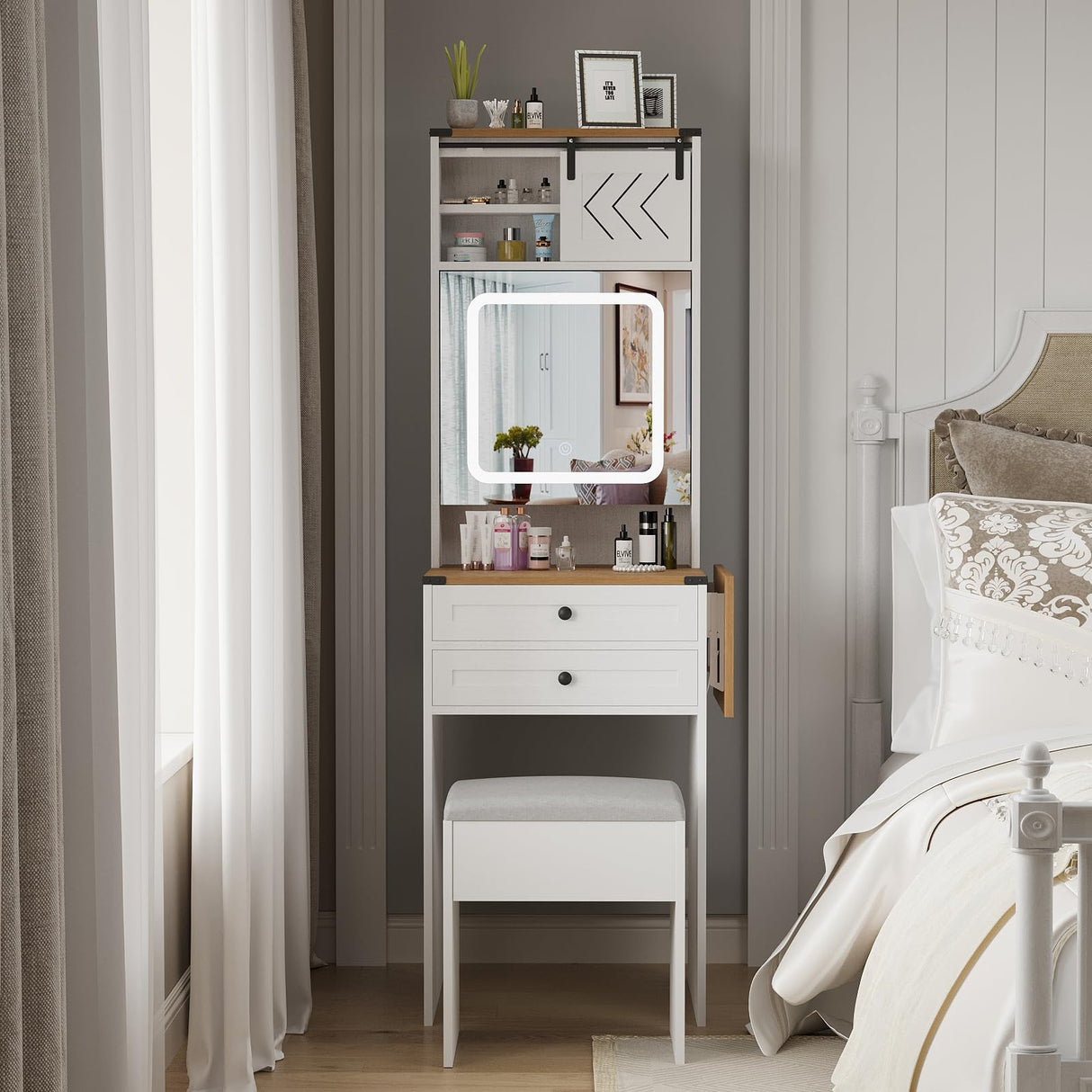 ARTETHYS Farmhouse Small Vanity Desk Set with Mirror Cabinet Compact Makeup Vanity Table with 3 Adjustable Lighted Mirror and Storage Chair for Small ARTETHYS