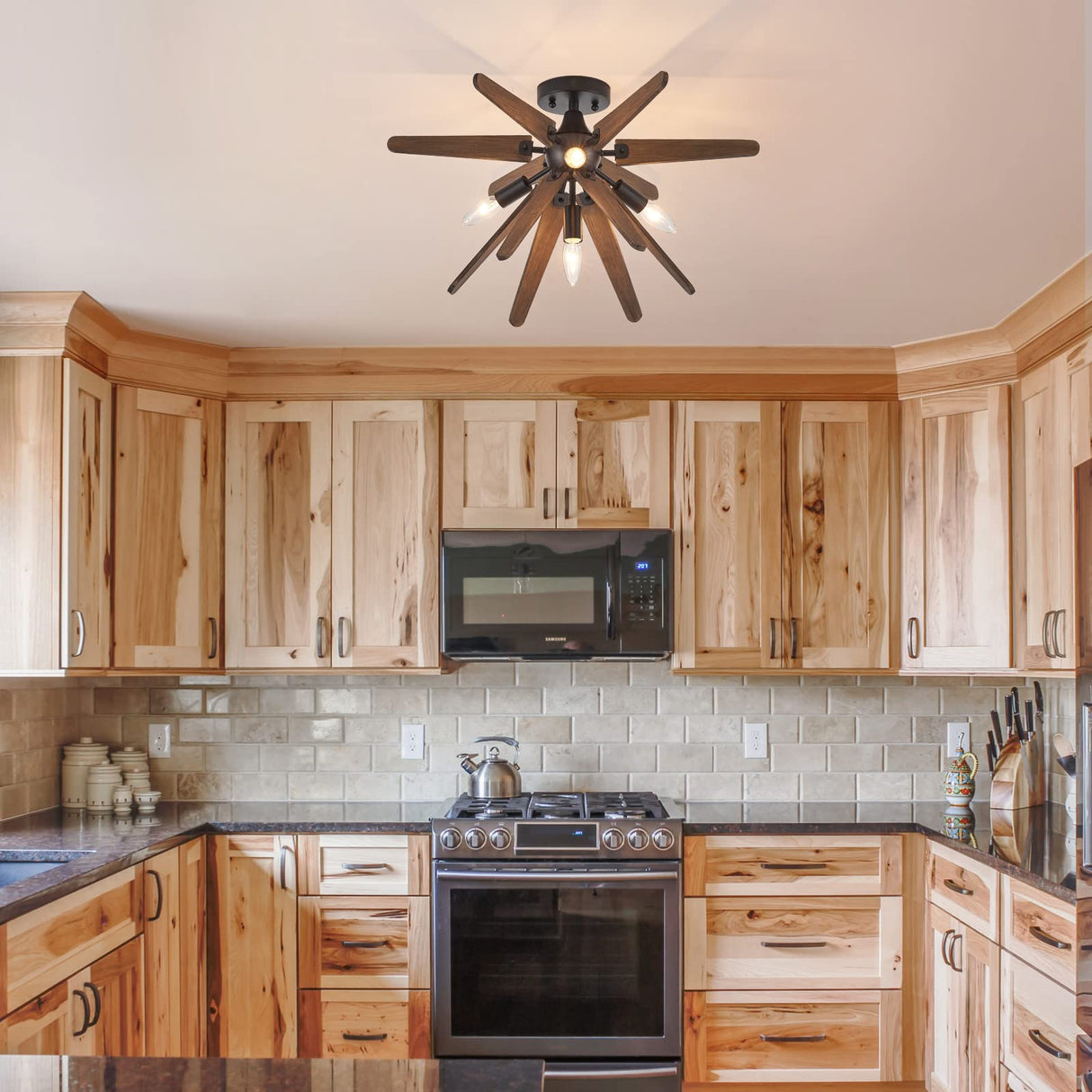 VANZARLA 4-Light Sputnik Semi Flush Mount Light Black, Wood Hallway Lights, Farmhouse Light Fixture for Kitchen, Rustic Close to Ceiling Light Fixture for Entryway Laundry Nursery Bedroom VANZARLA