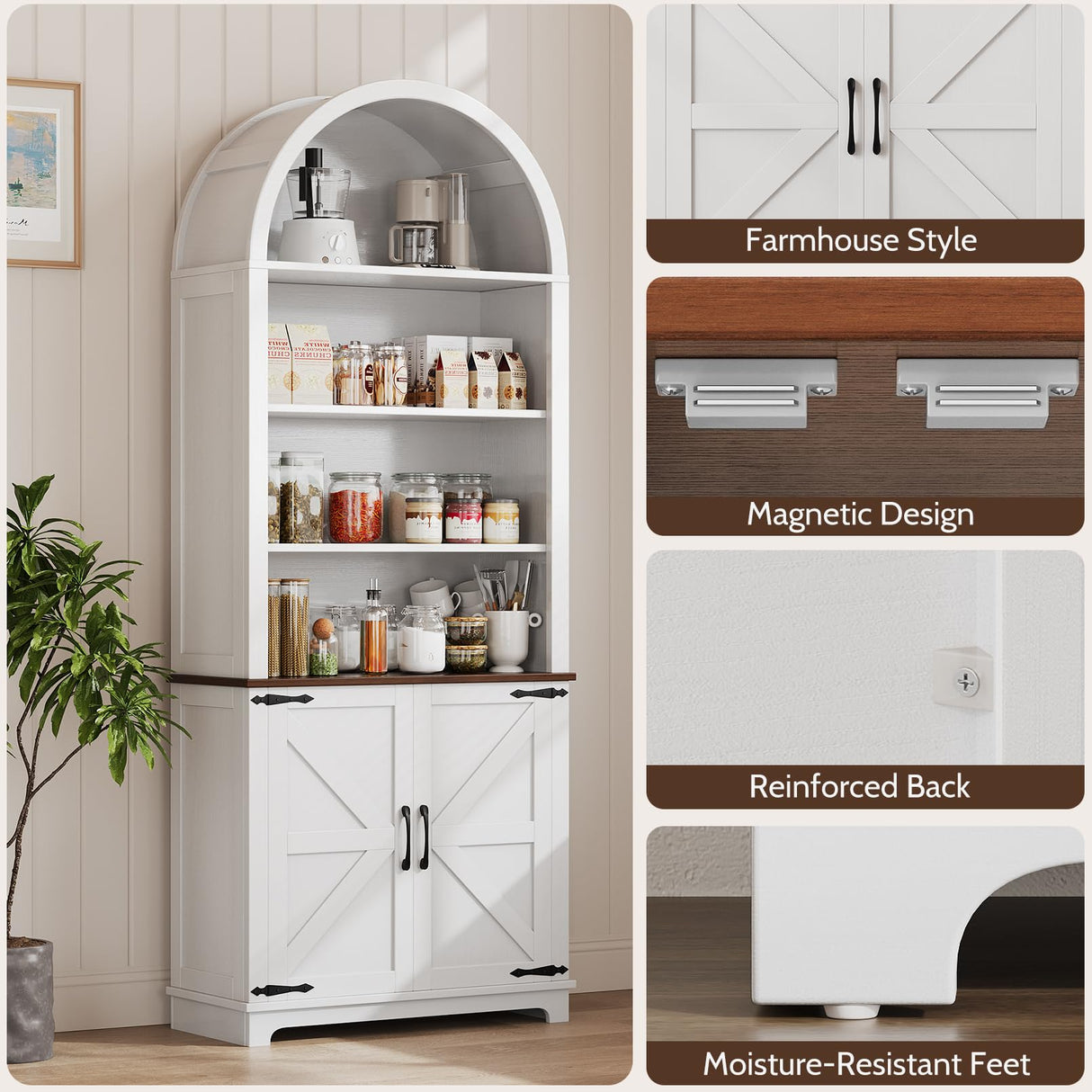 Vividwood 6-Tier Farmhouse Arched Bookshelf Bookcase with Doors, 70" Tall Storage Cabinet and Display Shelves, Open Shelves for Living Room or Office, White Vividwood