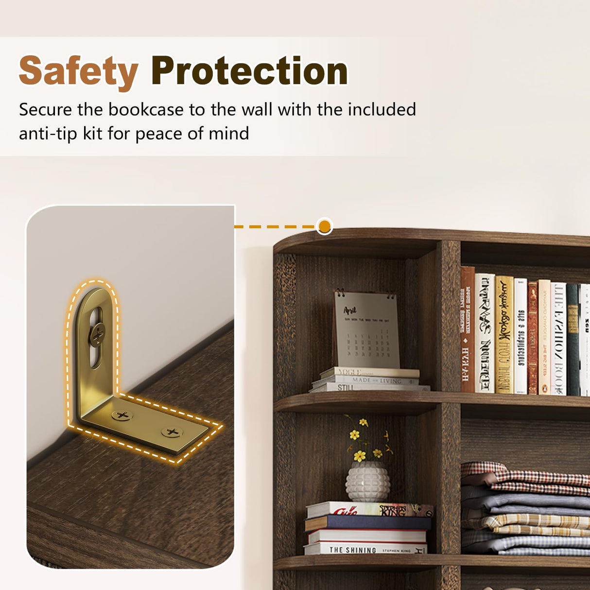 TVU 5-Tier Wood Book Shelf, 47" Wide Large Bookshelf and Bookcase, 62" Tall Bookshelf with Curved Side Shelves, Freestanding Wood Display Book Shelves for Living Room, Home Office, Walnut TVU
