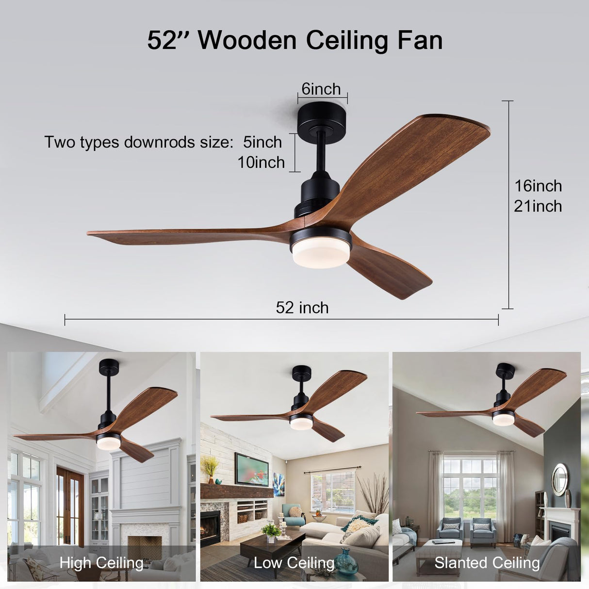 BOJUE 52 Inch Ceiling Fans with Lights and Remote Control, Indoor Outdoor Mordern Ceiling Fan with 3 Wood Blade for Patio Living Room, Bedroom, Office, Summer House (Black Ceiling fans+ Walnut Blades) BOJUE