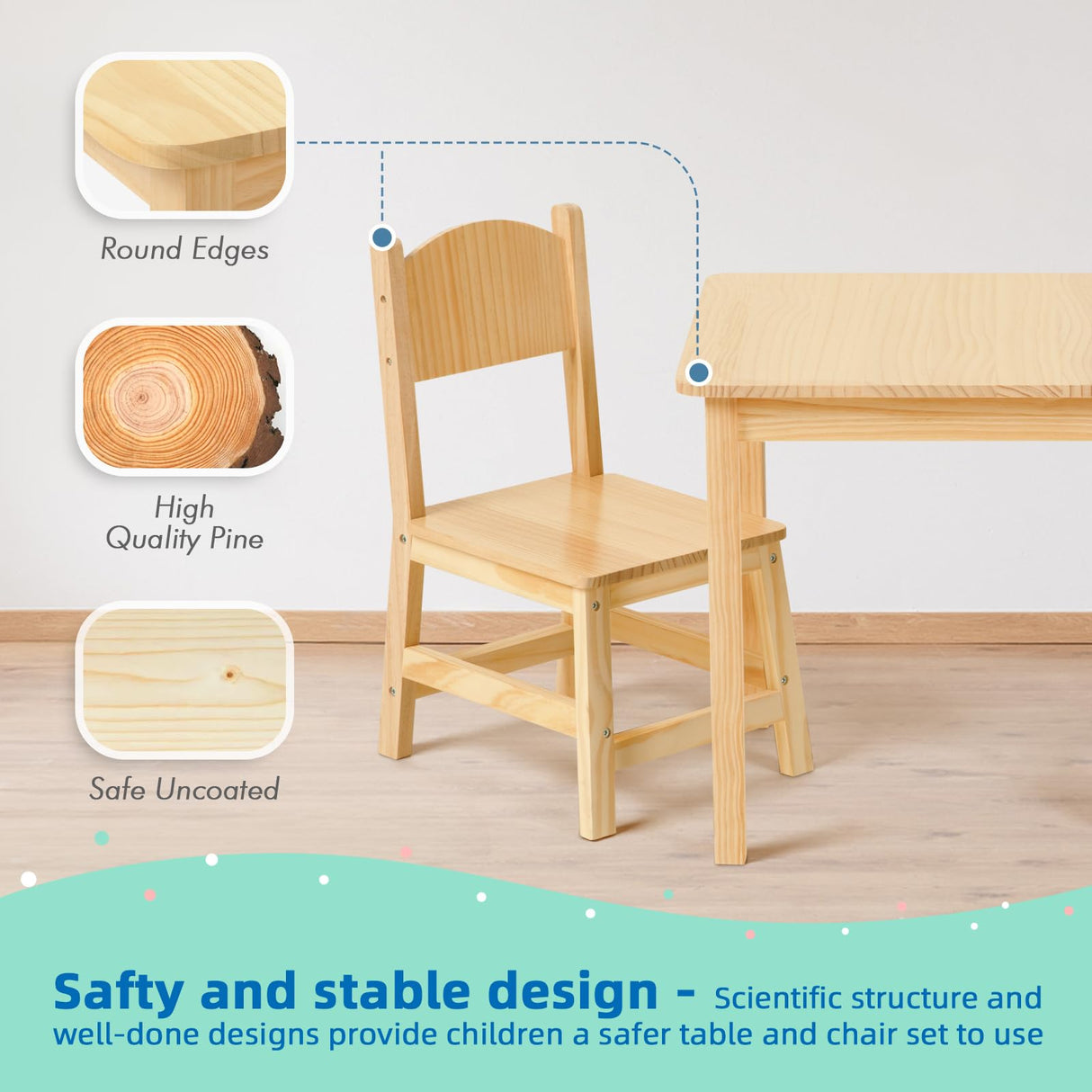 OOOK Solid Wooden Kids Table and Chair Set, Stable and Sturdy, Toddler Table and 2 Chairs Set for Arts, Crafts, Reading, Preschool, Kindergarten, Playroom OOOK