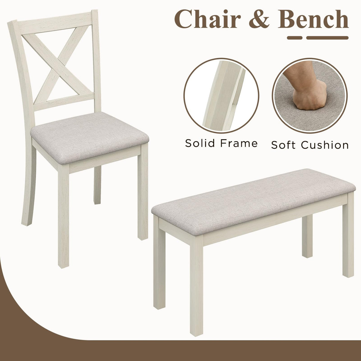 LUXOAK 6-Piece Solid Wood Dining Table Set, Upholstered Chair w/Bench Seat, Seating for 6,60'' Farmhouse Wood Kitchen Chairs Set for Living Room, Dining Room, Kitchen, Cream White LUXOAK
