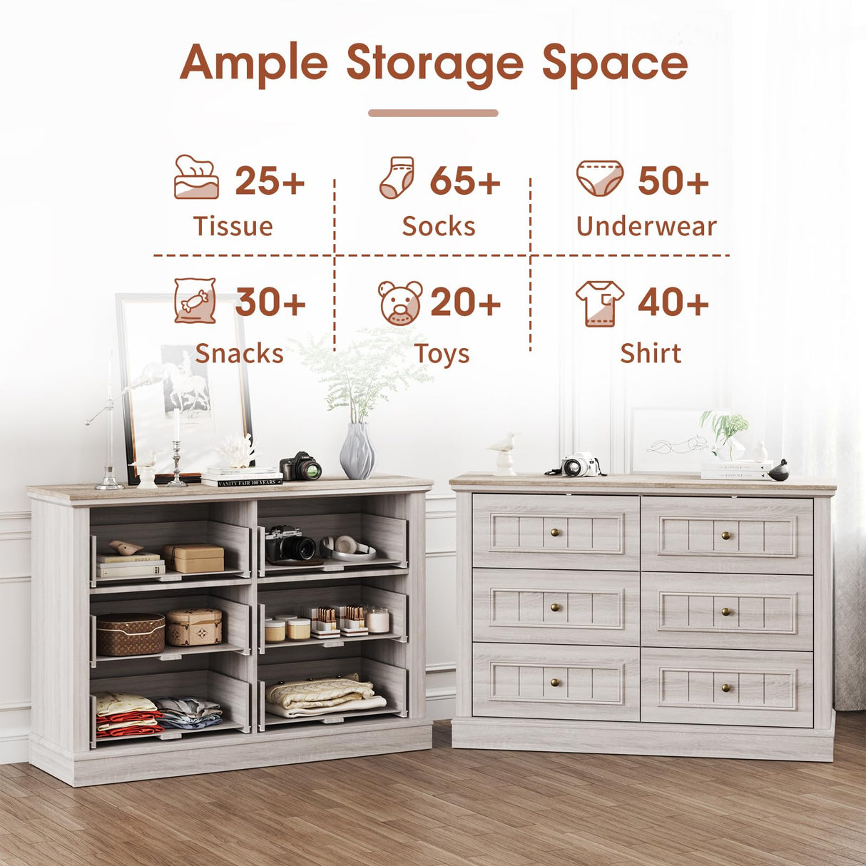 Fameill 6 Drawer Dresser for Bedroom, Farmhouse Wood Chest of Drawers, Double Storage Dresser Organizer Wide Dresser TV Stand for Living Room, Hallway, Entryway, Light Rustic Oak Fameill