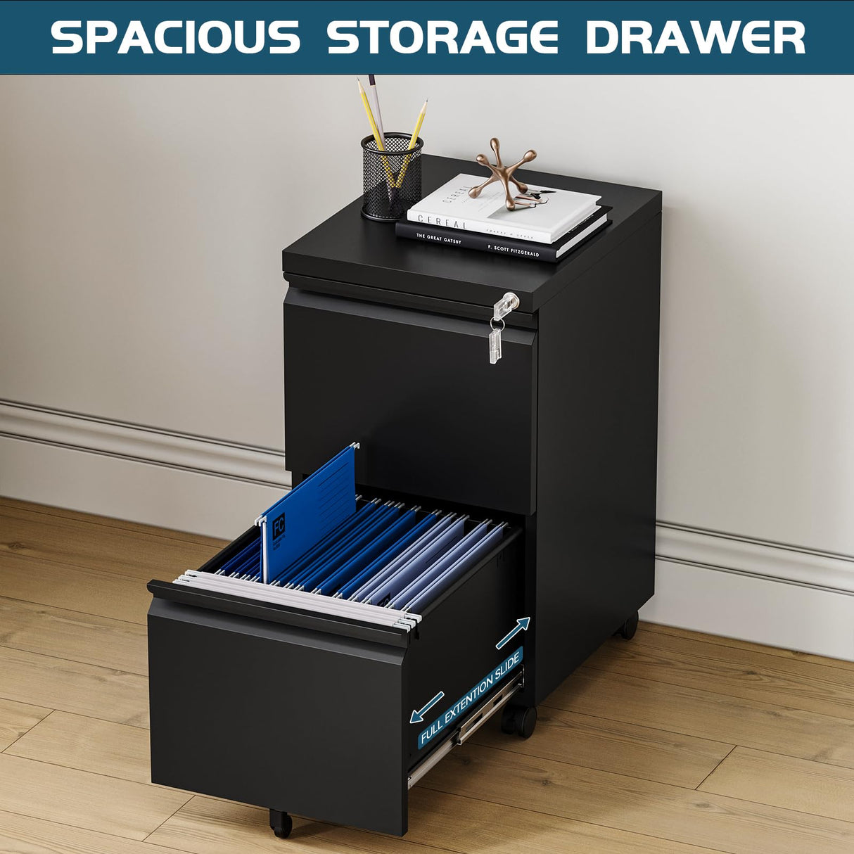 MIIIKO 2 Drawer File Cabinet on Wheels, Home Office Mobile Under Desk with Lock, Vertical Files Drawers for Legal/Letter/A4 MIIIKO