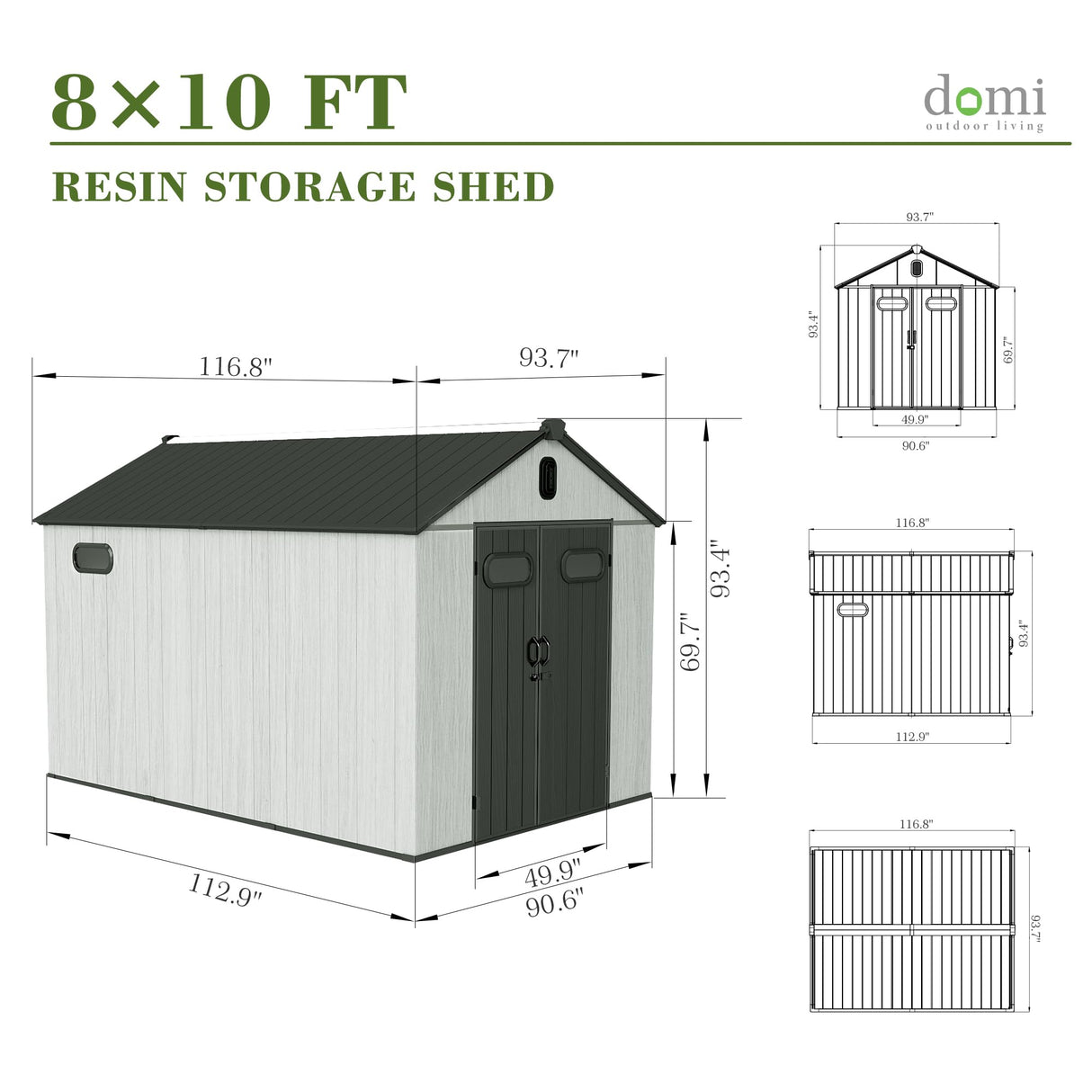 Domi 8x10FT Outdoor Resin Storage Shed with Transparent Windows & Louvered Vents, Plastic Tool Shed with Double Lockable Doors & Gable Roof, Outside Garden Shed for Backyard, Patio, Lawn, Grey domi outdoor living