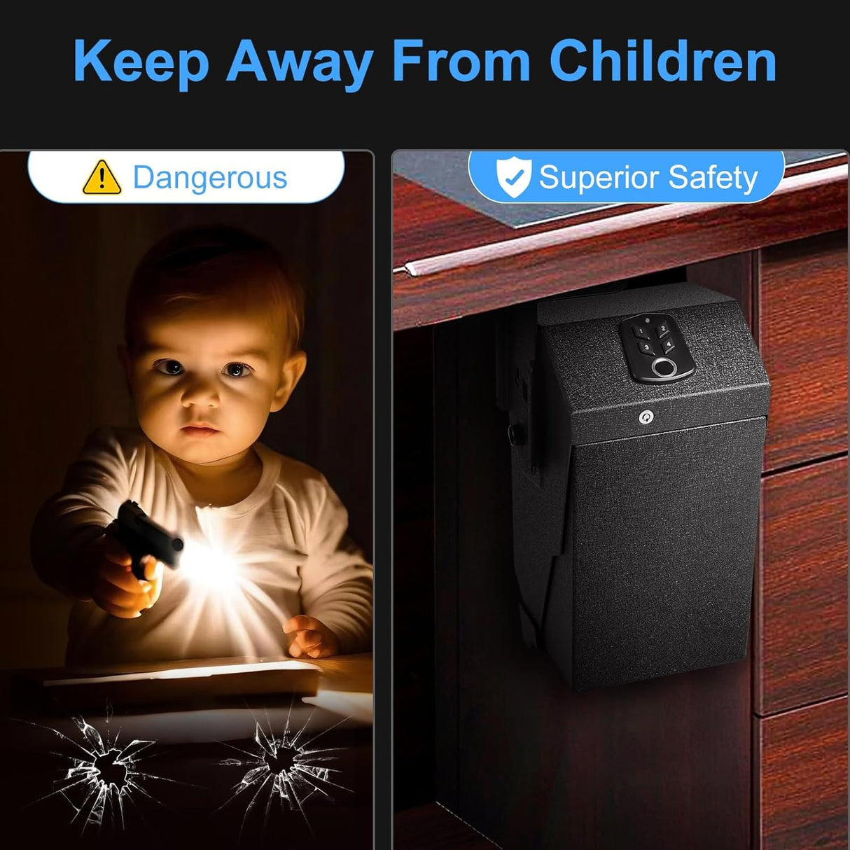 【2 guns capacity】 GUN Safe Biometric Pistol Safe Drop Down Handgun Safe Wall Mounted Double Gun Safe for Handgun with Fingerprint Passcode Key 3 Ways Quick Access Car Gun Safe for Desk,Nightstand EVESKY