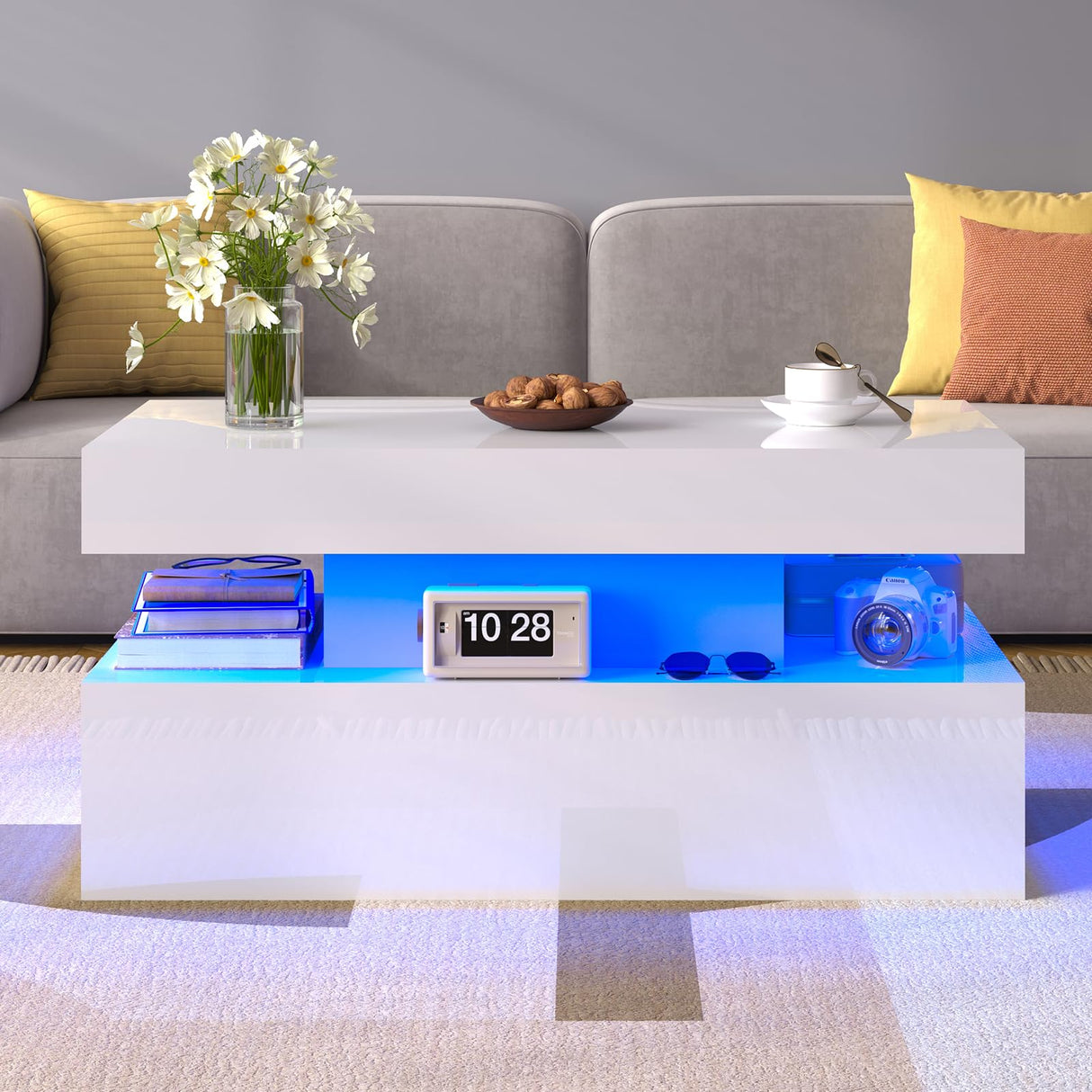 LUXOAK Coffee Table with LED Light, Modern High Gloss Finish Center Table with 2-Tier Storage Space, Minimalist Coffee Table for Living Room, Office, White LUXOAK