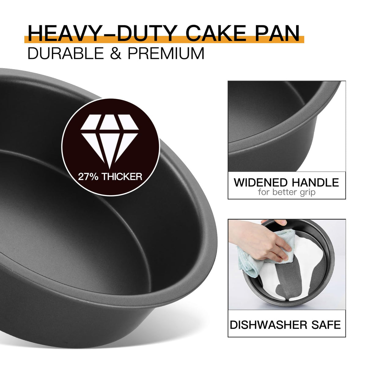 HONGBAKE Round Cake Pan Set for Baking, 8 Inch, Nonstick Deeper Circle Cake Pans with Wider Grips, 2 Pieces Layer Cake Tin, Cheesecake Mold, Huty Duty, Dishwasher Safe - Grey HONGBAKE