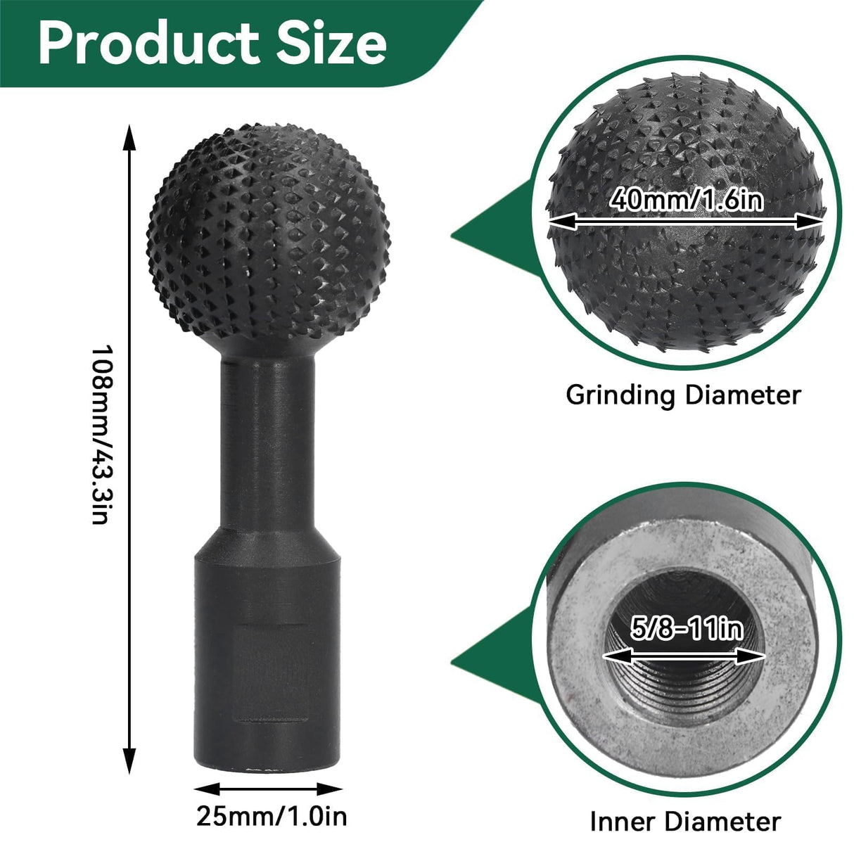 Ball Grinding Head, 5/8‑11in Wood Carving Burrs Carbon Steel Sphere Rotary Burr Ball Gouge Grinding Head Woodworking Attachment Tool for Wood Carving Grinding Polishing Engraving Agatige
