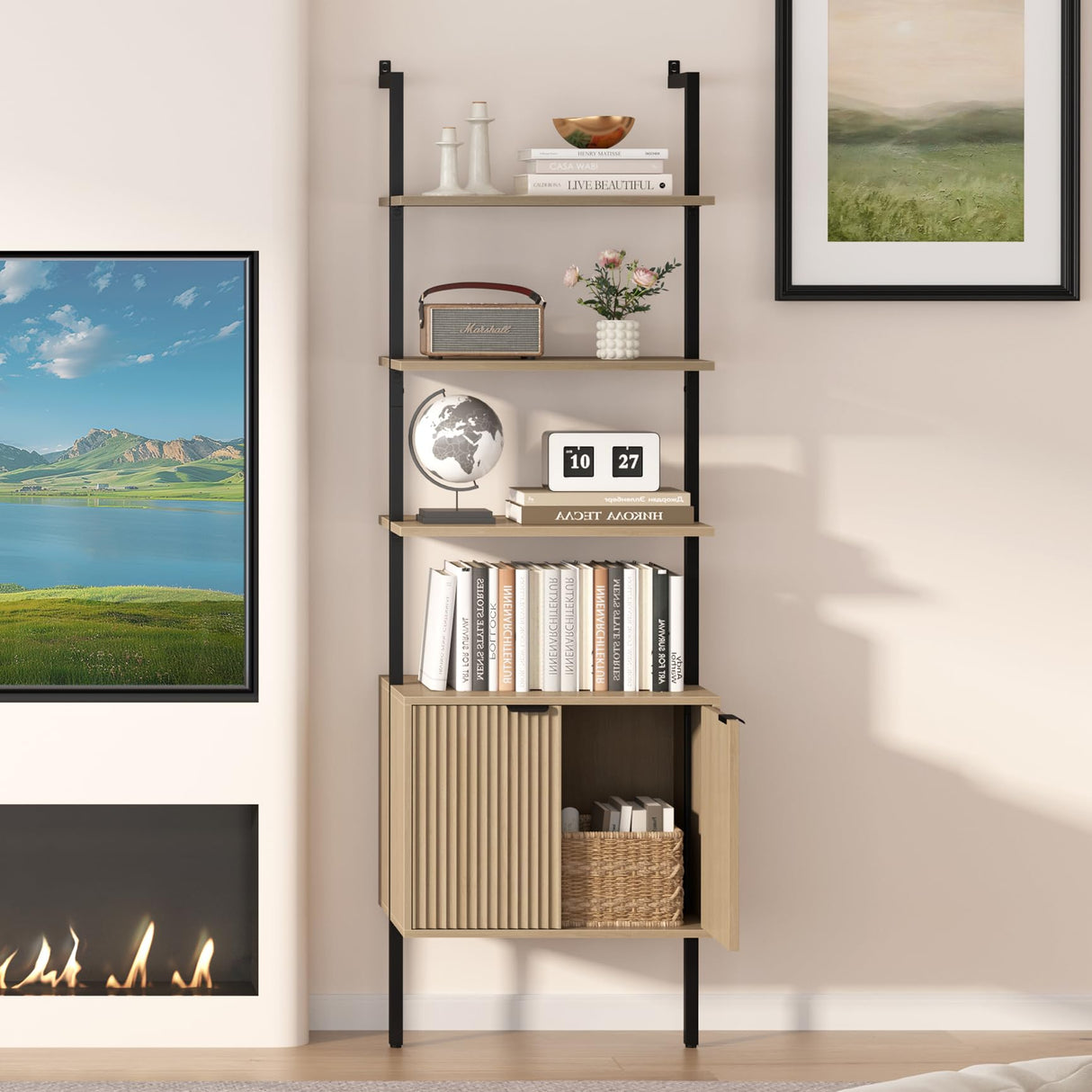 Yusong 73" Tall Bookshelf with Cabinet, Industrial Ladder Wall Mount Shelf Bookcase with Wood and Metal Frame, Plant Shelf Wall Storage Display for Living Room Bedroom, Wavy Light Ivory Yusong