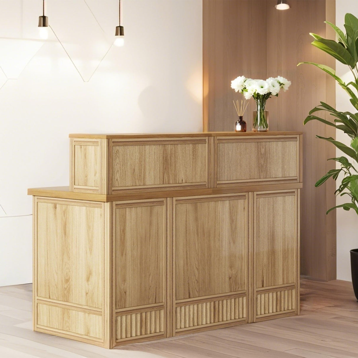 Tribesigns 57" Reception Desk with Counter, Modern Front Desk with Metal Frame, Wooden Retail Checkout Counter for Office, Reception Room, Beauty Salon, Lobby (Light Wood Color) Tribesigns