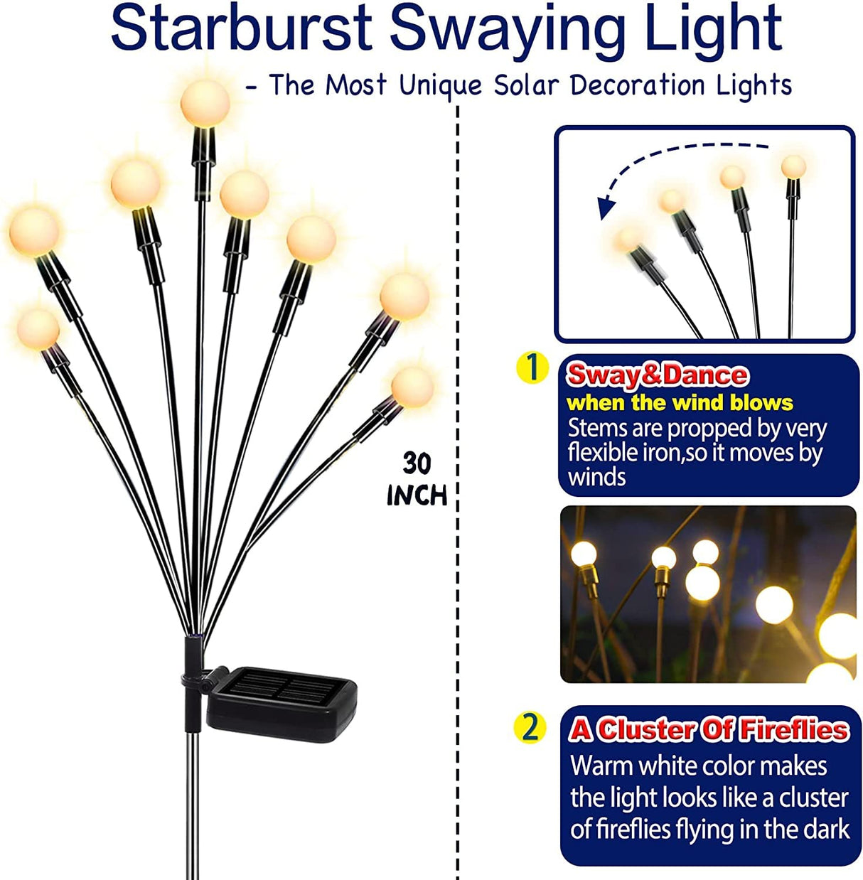 TONULAX Solar Garden Lights - New Upgraded Solar Swaying Light, Sway by Wind, Solar Outdoor Lights, Yard Patio Pathway Decoration, High Flexibility Iron Wire & Heavy Bulb Base, Warm White(2 Pack) TONULAX