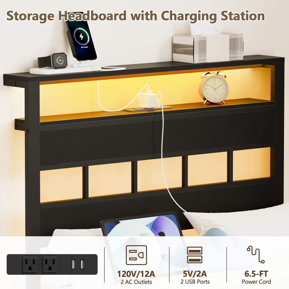 Furnulem Twin Bed Frames with Charging Station and LED Lights, Twin Size Platform Bed with Metal Slats, Wood Headboard with 2-Tier Storage Shelves, No Box Spring Needed, Black Oak Furnulem