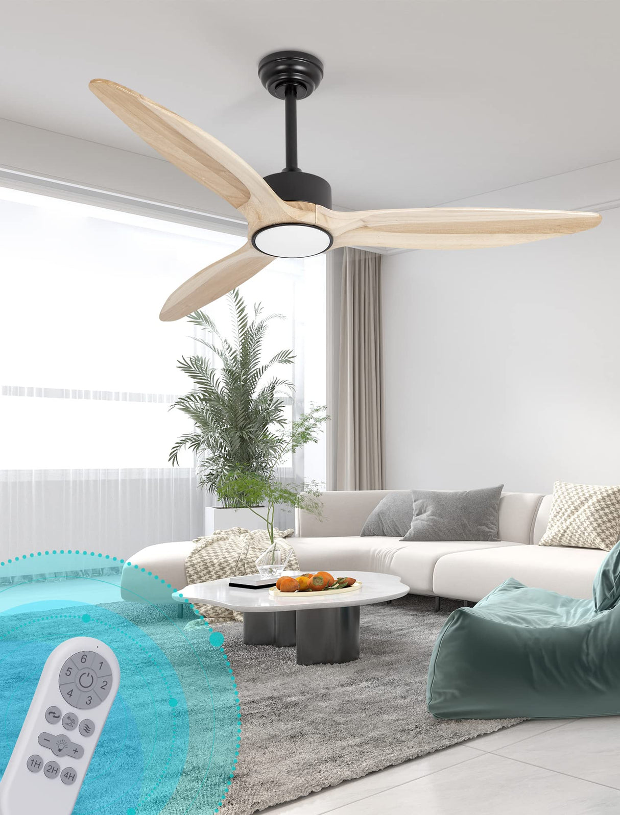 OUATER Ceiling Fans with Lights and Remote, 52 inch Wood Ceiling Fan with Light,3 Color Light,DC Motor,for Bedroom/Outdoor/Patios,Natural Wood OUATER