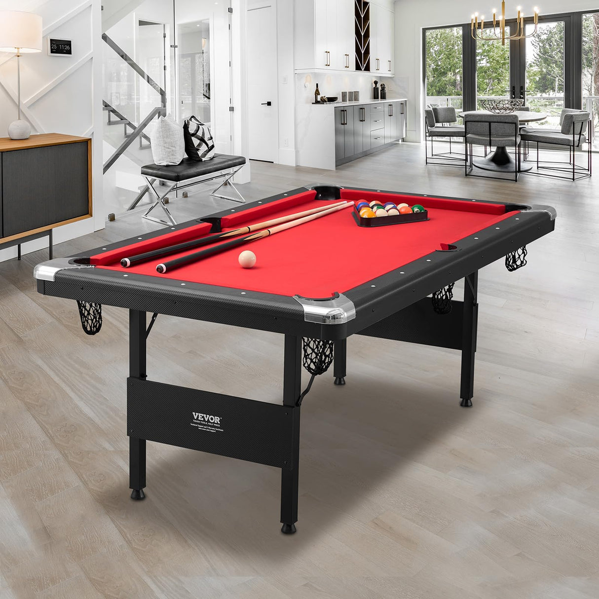 VEVOR Billiards Table, 6.3 ft Pool Table, Portable Foldable Space-Saving Table, Billiard Table Set includes Balls, Cues, Chalks and Brush, Black with Red Cloth, Perfect for Family Game Room Kid Adult VEVOR