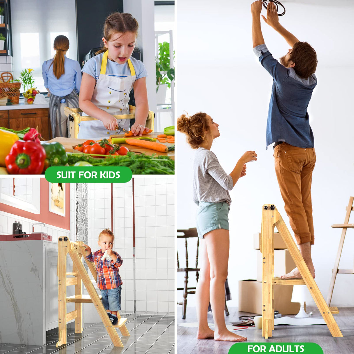 Toddler Tower Foldable - Kids Kitchen Step Stool with 3 Adjustable Heights & Safety Rail, Montessori Tower with Chalkboard for Learning, Standing Tower Helper Stool for Kitchen Counter Sink (Natural) SAUCE ZHAN