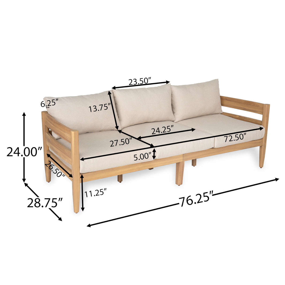 Christopher Knight Home Kavets 76.25'' W Outdoor 3 Seater Sofa with 5" Cushion, Acacia Wood Patio Sofa, Modern Slat Panel Bench, Spacious Seating Couch for Backyard Garden Porch, Light Teak+Beige Christopher Knight Home