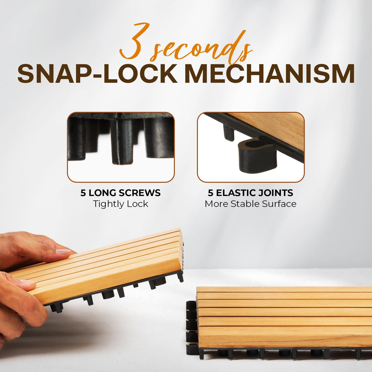 Idzo Set of 10 Premium Teak Deck Tiles, Distinctive Teak Wood Flooring with Innate Oil That Can Withstand Water & Weather Elements, 3 Seconds Snap-Lock Teak Shower Tiles with Stable Mesh Base, 6 Slats IDZO