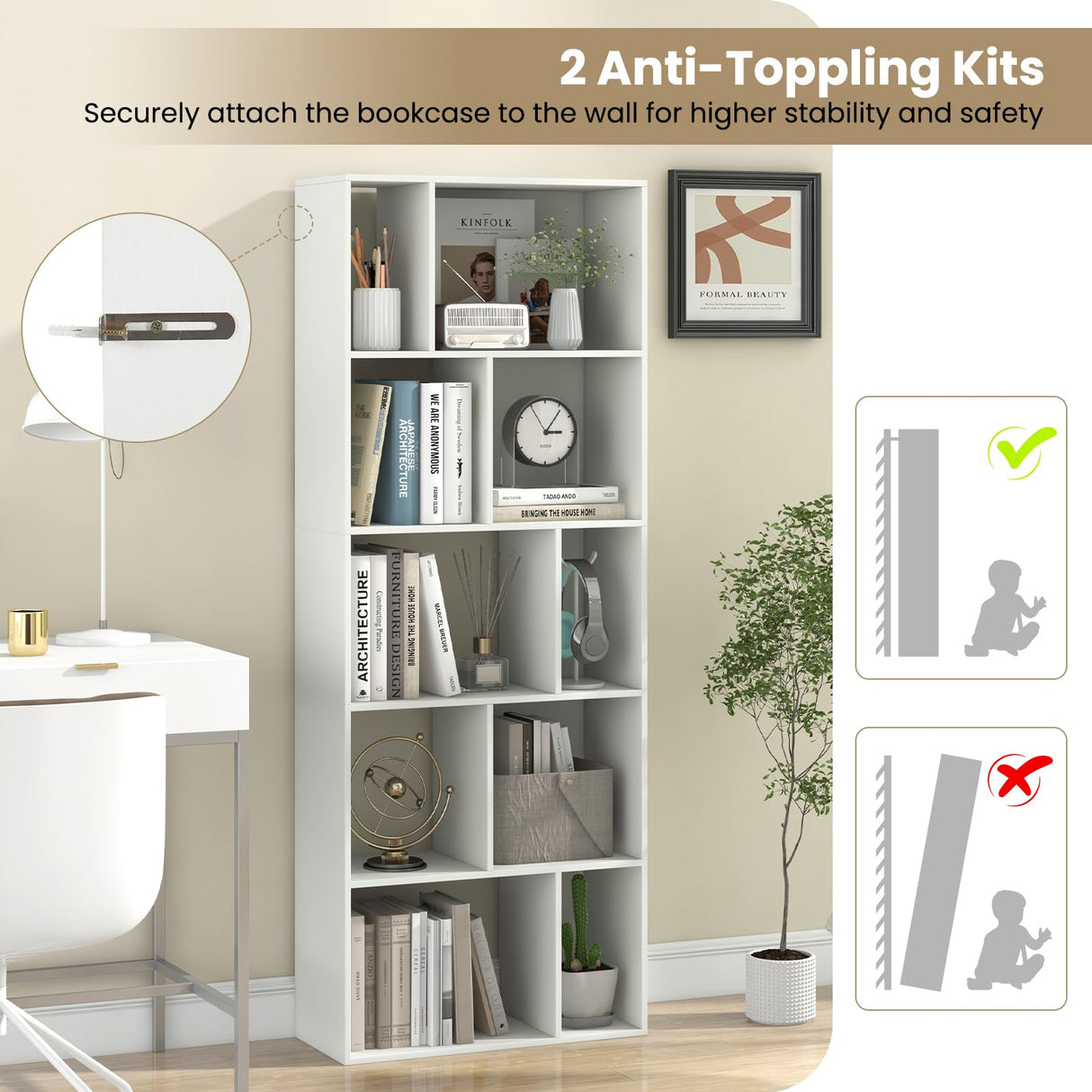 Giantex 5-Tier Geometric Bookshelf, 63" Modern Tall Bookcase, 10-Cube Storage Organizer, Freestanding Open Storage Shelving Unit, Display Rack Cabinet for Living Room, Study, Home Office, White (1) Giantex