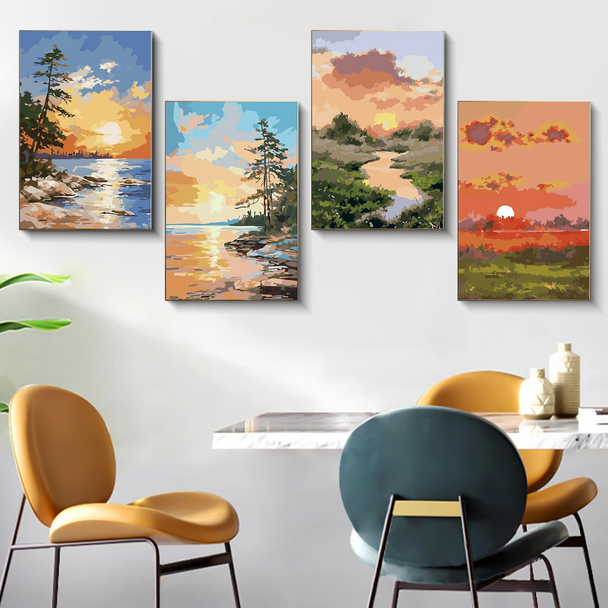 4 Pack Framed Paint by Numbers Kit for Adults Beginners with Wooden Easel, DIY Sunrise and Sunset Landscape Paint by Number Kit with Frame, Easy Painting by Numbers for Home Wall Decor, 8x12 inch Fountor