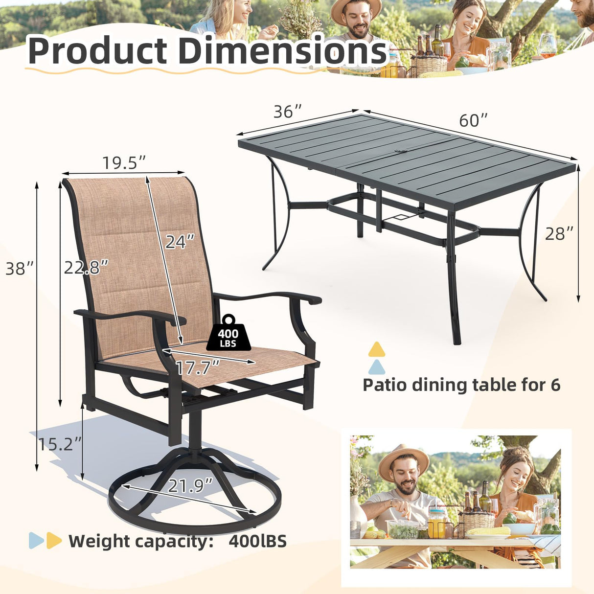 7-Piece Outdoor Patio Dining Set with 6 Swivel Rocker Chairs, Rectangular Metal Table with Umbrella Hole, 6-Person Patio Table and Chairs furniture for Backyard, poolside, Balcony and Garden Brown BUPPLEE
